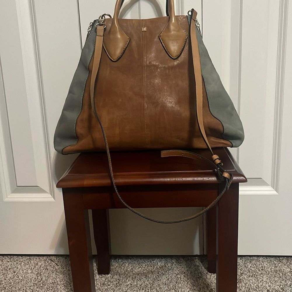 Pour La Victoire Brown Olive Green Leather Top Handle Crossbody Bag Tote RARE